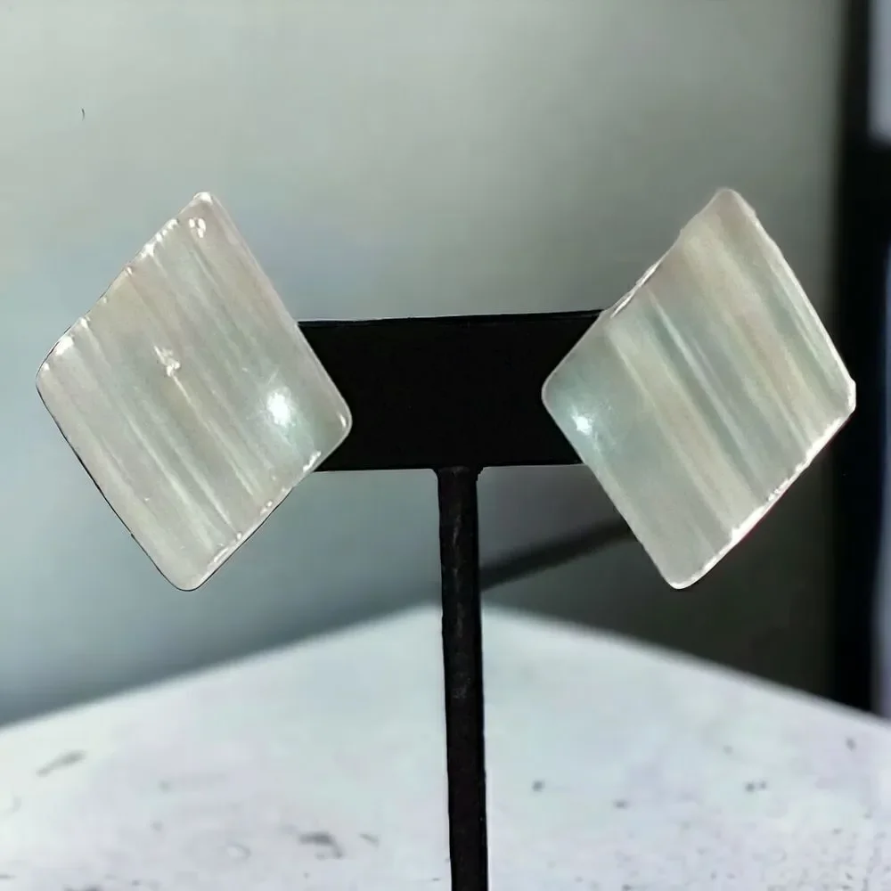 Vintage 80s Earrings Moonglow Statement Acrylic Iridescent‎ Pearl Plastic Retro